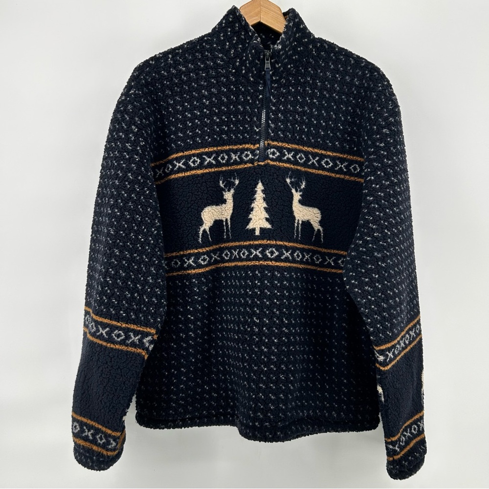 Old Navy 1/4 Zip Sherpa Pullover Mens‎ M Navy Blue Deer Forest Buck Side Pockets
